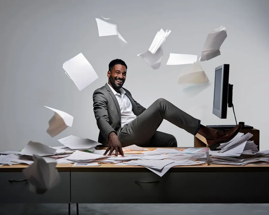 RS-Finance-administratieve-automatisering Een lachende man zit met zijn been op een bureau met computer. Om hem heen vliegen diverse paperassen.