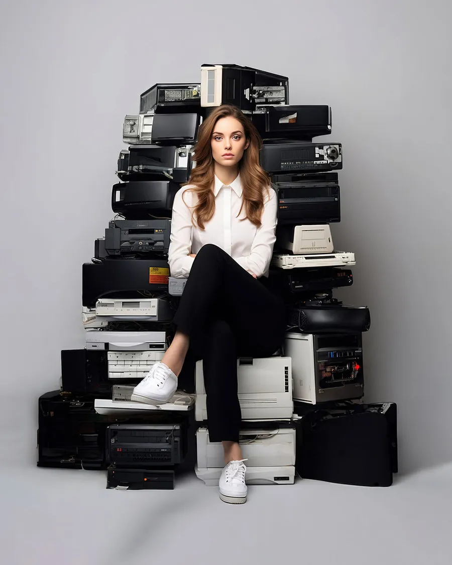 RS-Finance-bedrijfskundige-advisering Een vrouw met witte blouse en witte gymschoenen zit voor een grote stapel oude apparatuur