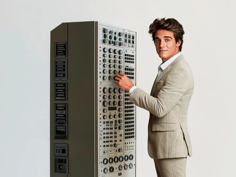 Een persoon in een pak staat naast een ouderwetse switchboard