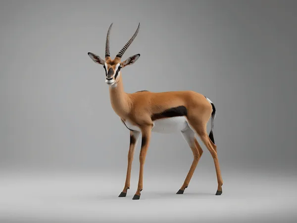 Een gazelle staat voor een grijze achtergrond.