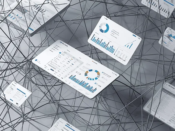 Wirwar van verbindingen tussen zwevende financiële software-schermen met dashboards, grafieken en tabellen