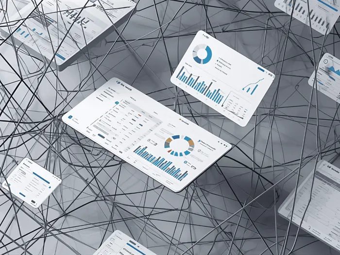 RS-blog-softwarekosten Wirwar van verbindingen tussen zwevende financiële software-schermen met dashboards, grafieken en tabellen