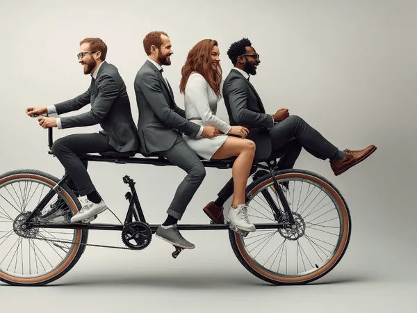 RS-blog-fiets-van-de-zaak Vier mensen in zakelijke kleding op een tandemfiets.
