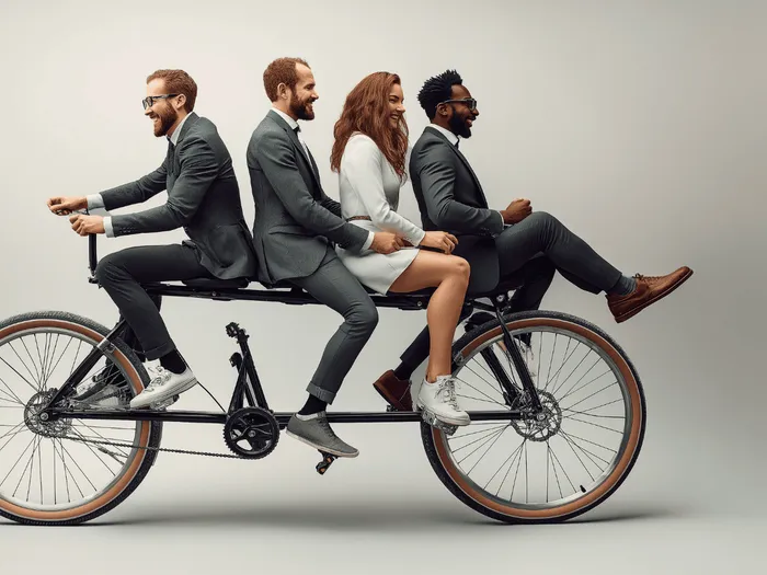 RS-blog-fiets-van-de-zaak Vier mensen in zakelijke kleding op een tandemfiets.