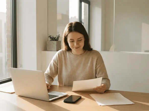 Iemand zit aan een houten bureau met een laptop, papieren en een smartphone en bekijkt documenten.