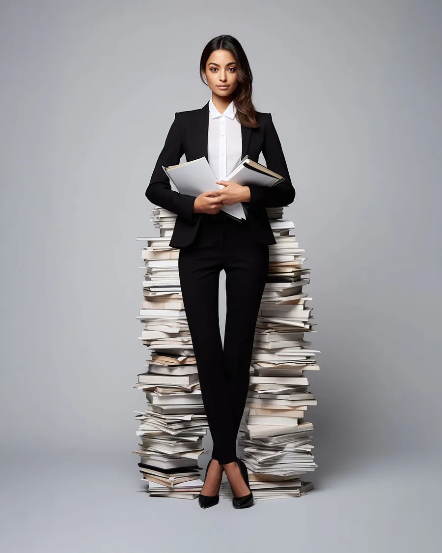 RS-Finance-payroll-HR Een vrouw in zwart pak en hakschoenen houdt meerdere documenten vast en staat voor twee grote stapels met boeken en paperassen.